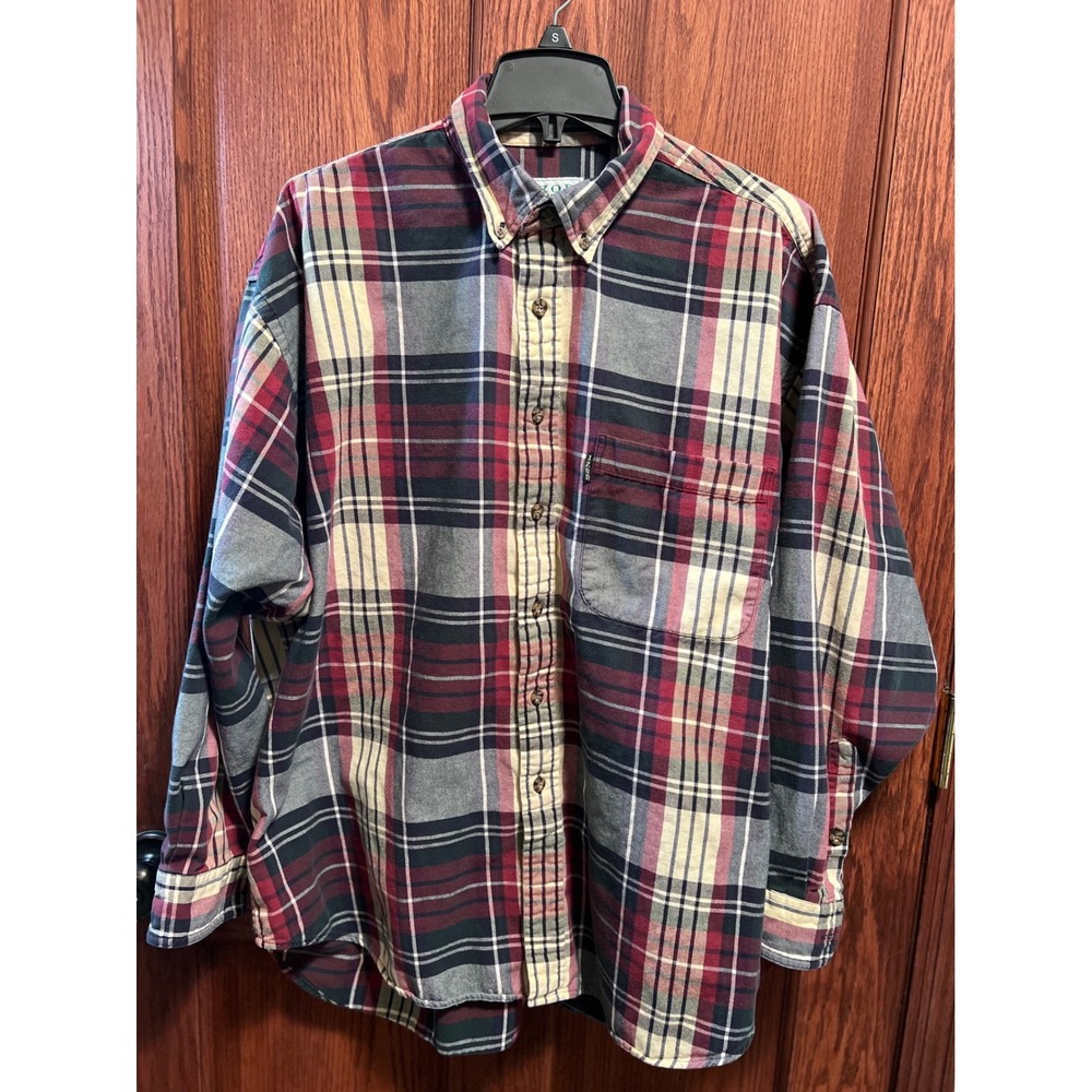 VTG 90s IZOD LS Shirt Plaid Button Down Casual XL Burgundy Green Navy Cream